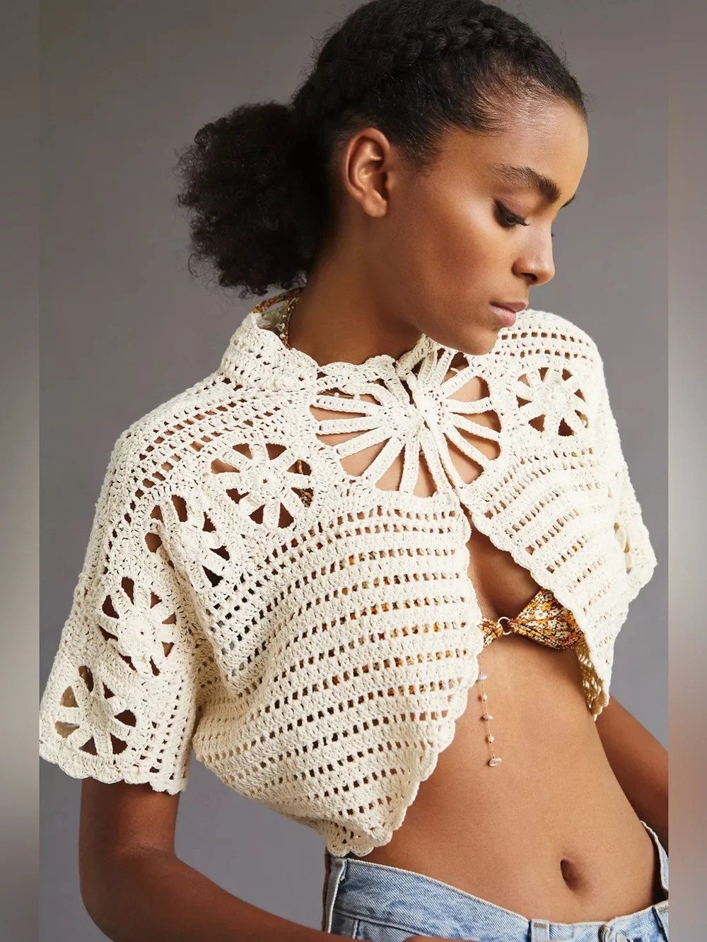 Anthropologie Maeve Crochet Openwork Crop Cardigan shrug sweater Cream one size